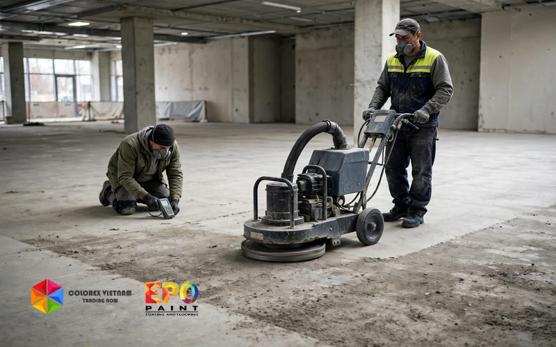 Mài nền và đo độ ẩm bê tông trước khi sơn