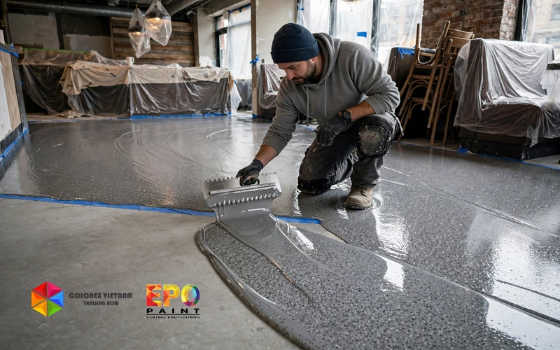Cán sơn epoxy cát màu dạng lỏng chảy bằng bay răng cưa