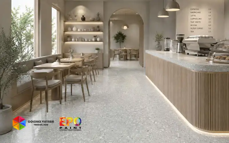 Sàn Epoxy Terrazzo Màu EPO 7040W – Giải Pháp Sàn Khảm Đá Sang Trọng & Bền Vững