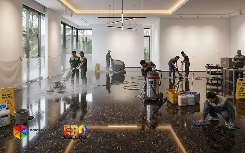 Quy trình thi công sàn sơn mài epoxy triển lãm chuẩn nghệ thuật
