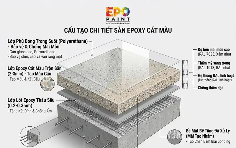 CẤU TẠO HỆ SƠN EPOXY CÁT MÀU TỰ SAN PHẲNG
